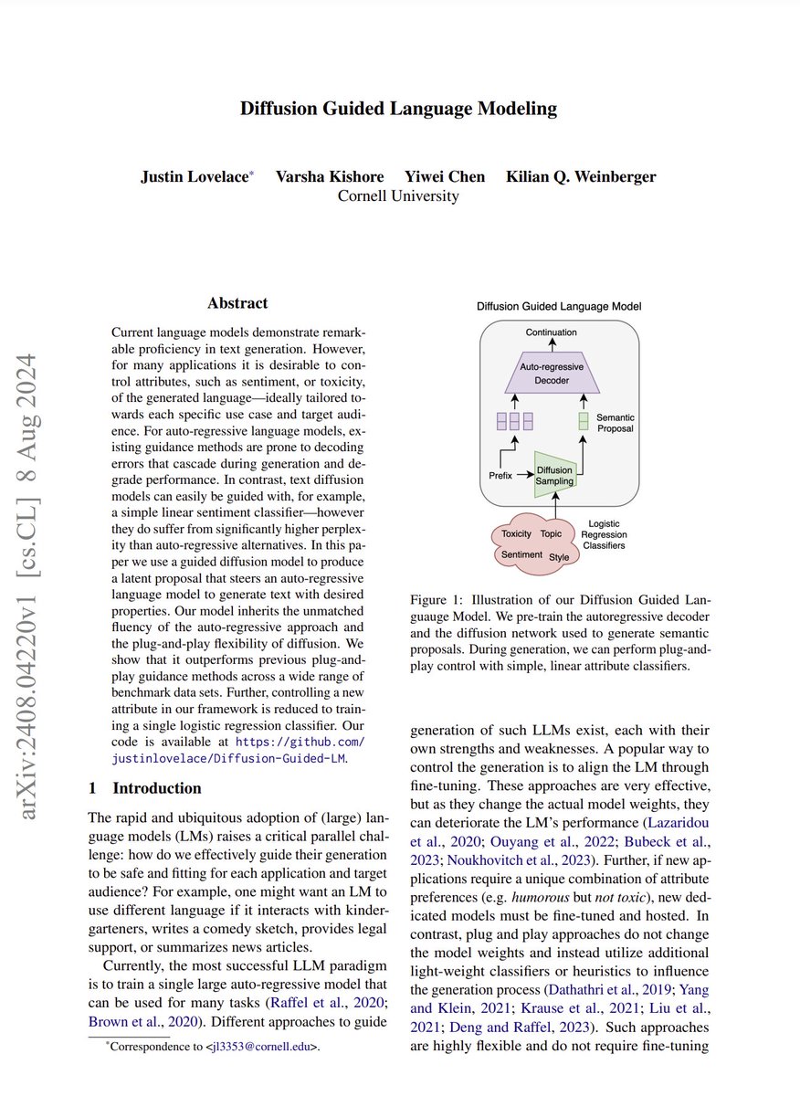 iScienceLuvr's tweet photo. Diffusion Guided Language Modeling

abs: https://t.co/PLvpRVAYa8

"In this paper we use a guided diffusion model to produce a latent proposal that steers an auto-regressive language model to generate text with desired properties. Our model inherits the unmatched fluency of the auto-regressive approach and the plug-and-play flexibility of diffusion."