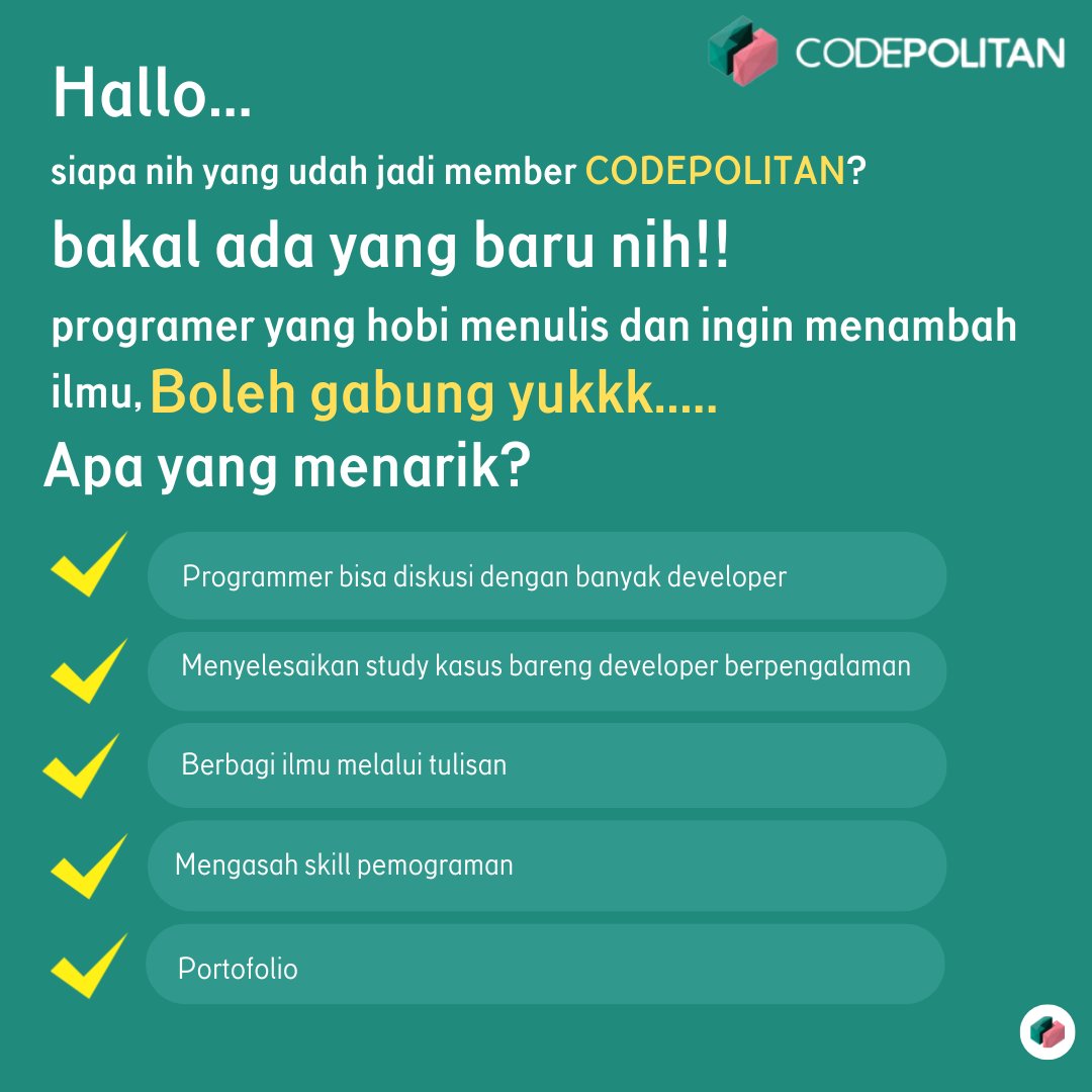 CodePolitan's tweet image. PROGRAM BARU di CODEPOLITAN 🔔🔥
Nggak sabar bangetnih..😱
Kira-kira apa yang spesial yaa????
Jawab “spill min” kalo mau Programnya dipercepat launching 🔥
#lifeprogrammer #edukasiprogrammer #komunitasprogrammer #teaserevent #programdeveloper #kehidupanprogrammer #kursuscoding