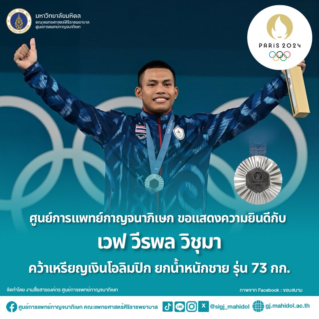 sigj_mahidol's tweet photo. ศูนย์การแพทย์กาญจนาภิเษก ขอแสดงความยินดีกับ
เวฟ วีรพล วิชุมา
🥈🇹🇭 คว้าเหรียญเงินโอลิมปิก ยกน้ำหนักชาย รุ่น 73 กก.
#sigj
#ศิริราชกาญจนา
#ศูนย์การแพทย์กาญจนาภิเษก
#ได้โอกาสให้โอกาส
#ยกน้ำหนัก #Olympics #PARIS2024 https://t.co/MXmRKNVyzk