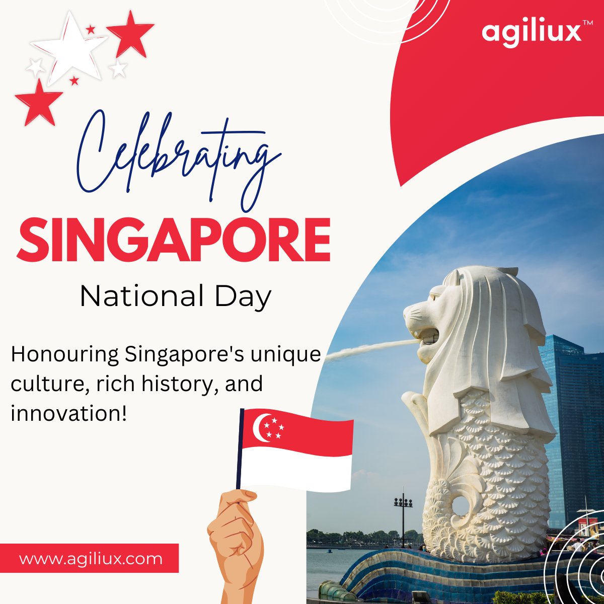 Celebrating the spirit of Singapore! 🎉

Today, #Agiliux honors the strength and unity that make #Singapore exceptional. Here's to a vibrant culture, innovative achievements, and a bright future. 

Majulah Singapura!

#SingaporeNationalDay