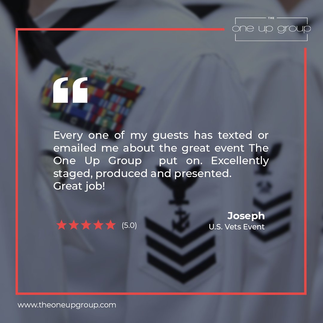 theoneupgroup's tweet photo. 🎉💯 So grateful to have received this saluting testimonial from our client Joseph for our event services at the U.S. Vets Event! 🫡 Our team at @TheOneUpGroup works hard to make every Vet's dream event a success and we couldn't be happier with the results! 🙌 https://t.co/uT0WWzrCKS