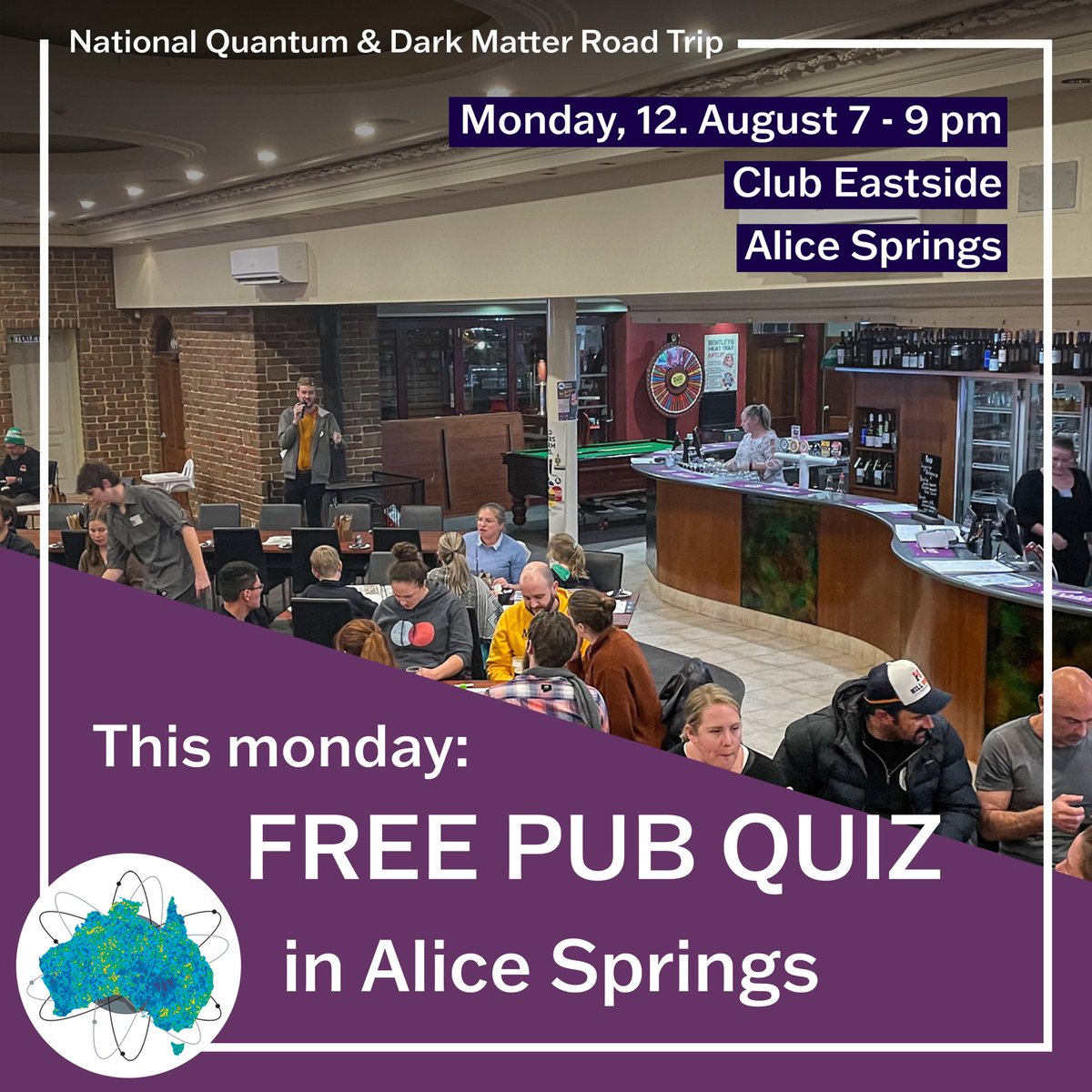 Pub quiz lovers in Alice Springs, we’re looking forward to meeting you at Club Eastside!  events.humanitix.com/alice-springs-… 
#scienceweek @ARC_EQUS <a href="/ARC_DMPP/">Dark Matter Centre</a> <a href="/DeadlyScience/">DeadlyScience</a>