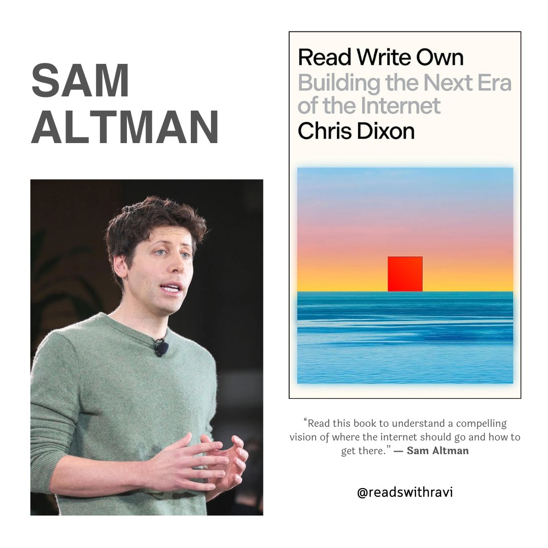 Reads with Ravi (@readswithravi) on Twitter photo Sam Altman is the CEO of OpenAI, former president of Y Combinator.
He has recommended several books over the years which cover a wide range of topics including entrepreneurship, technology, psychology, history, and philosophy.
15 books recommended by <a href="/sama/">Sam Altman</a> 🧵
1) Read Write Own Sam Altman is the CEO of OpenAI, former president of Y Combinator.
He has recommended several books over the years which cover a wide range of topics including entrepreneurship, technology, psychology, history, and philosophy.
15 books recommended by <a href="/sama/">Sam Altman</a> 🧵
1) Read Write Own