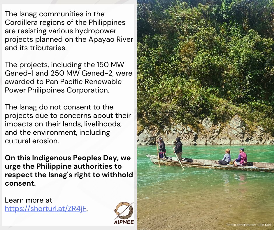 aipnee's tweet photo. The #Isnag do not consent to the projects due to concerns about their impacts on their lands, livelihoods, and the environment, including cultural erosion.
On this #IndigenousPeoplesDay, we urge the #Philippine authorities to respect the Isnag's right to withhold consent. https://t.co/bdmI43zgIh