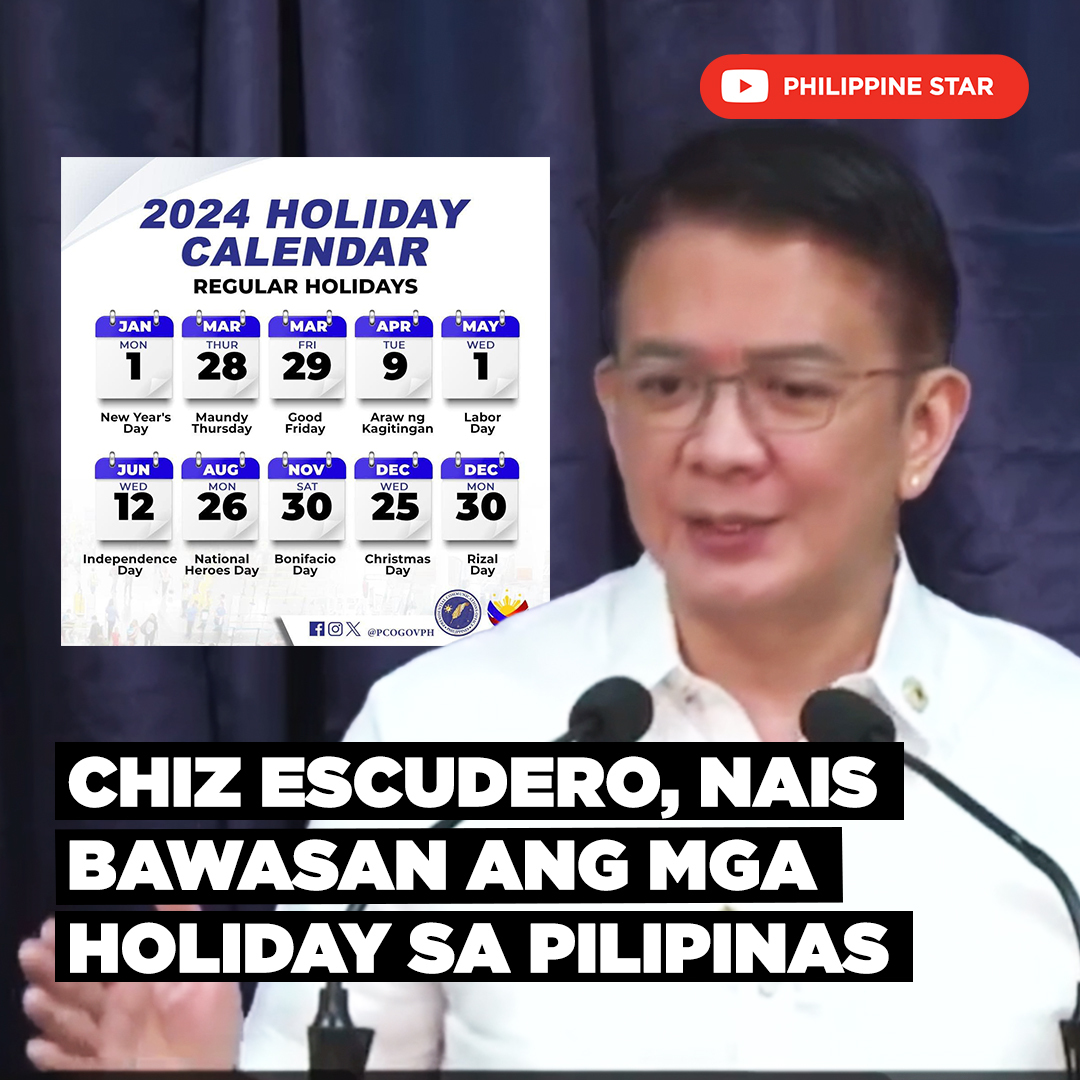 PhilippineStar's tweet image. 'MAHIGIT ISANG BUWAN NA ANG HOLIDAY SA BUONG BANSA'     

Sa isang presscon nitong Huwebes, August 7, 2024, sinabi ni Senate President Francis “Chiz” Escudero na napagkasunduan ng Senado na bawasan ang mga holiday sa bansa.   

 "Mahigit isang buwan na ang holiday sa buong bansa…