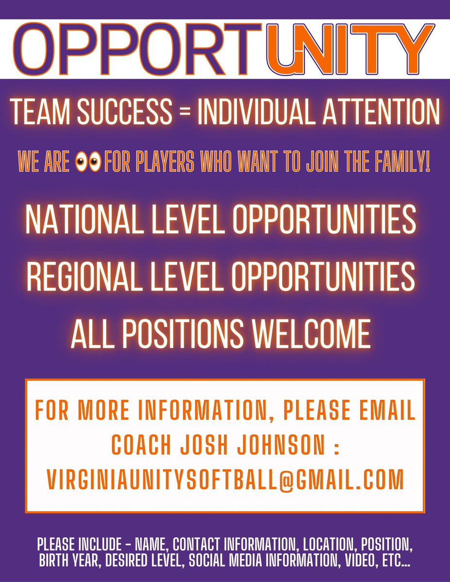 Unity Softball (@vaunitysb) on Twitter photo The 🙌🏼 still has some openings at all levels! Reach out to see if there is a fit! We are looking for the right 🧩 to help complete the puzzle! Not here to take part…Here to take over!
<a href="/LineDsoftball/">Line Drive Media</a> <a href="/ExtraInningSB/">EXTRA INNING SOFTBALL</a> <a href="/LegacyLegendsS1/">Legacy & Legends Softball</a> <a href="/UnityCoachJosh/">Josh Johnson</a> The 🙌🏼 still has some openings at all levels! Reach out to see if there is a fit! We are looking for the right 🧩 to help complete the puzzle! Not here to take part…Here to take over!
<a href="/LineDsoftball/">Line Drive Media</a> <a href="/ExtraInningSB/">EXTRA INNING SOFTBALL</a> <a href="/LegacyLegendsS1/">Legacy & Legends Softball</a> <a href="/UnityCoachJosh/">Josh Johnson</a>