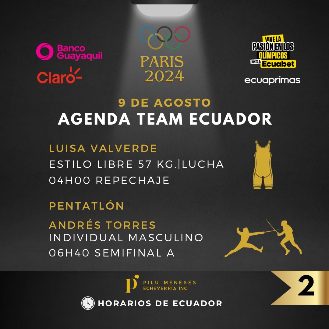 pilumeneses's tweet photo. AGENDA TEAM ECUADOR 🇪🇨
🗓️ Viernes 9 de agosto
Con el apoyo de @BancoGuayaquil @ClaroEcua @EcuabetOficial y #Ecuaprimas
#PrimeroEcuador #EcuadorEnParis #SomosEcuadorSomosEcuabet #ConectateConTuPoder #TeamEcuador
⬇️⬇️⬇️ https://t.co/bl8AFxLFXR