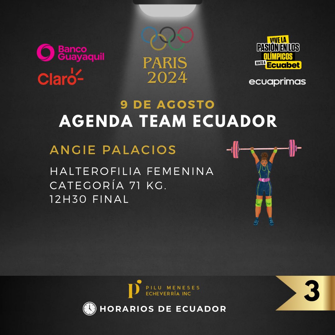 pilumeneses's tweet photo. AGENDA TEAM ECUADOR 🇪🇨
🗓️ Viernes 9 de agosto
Con el apoyo de @BancoGuayaquil @ClaroEcua @EcuabetOficial y #Ecuaprimas
#PrimeroEcuador #EcuadorEnParis #SomosEcuadorSomosEcuabet #ConectateConTuPoder #TeamEcuador
⬇️⬇️⬇️ https://t.co/bl8AFxLFXR
