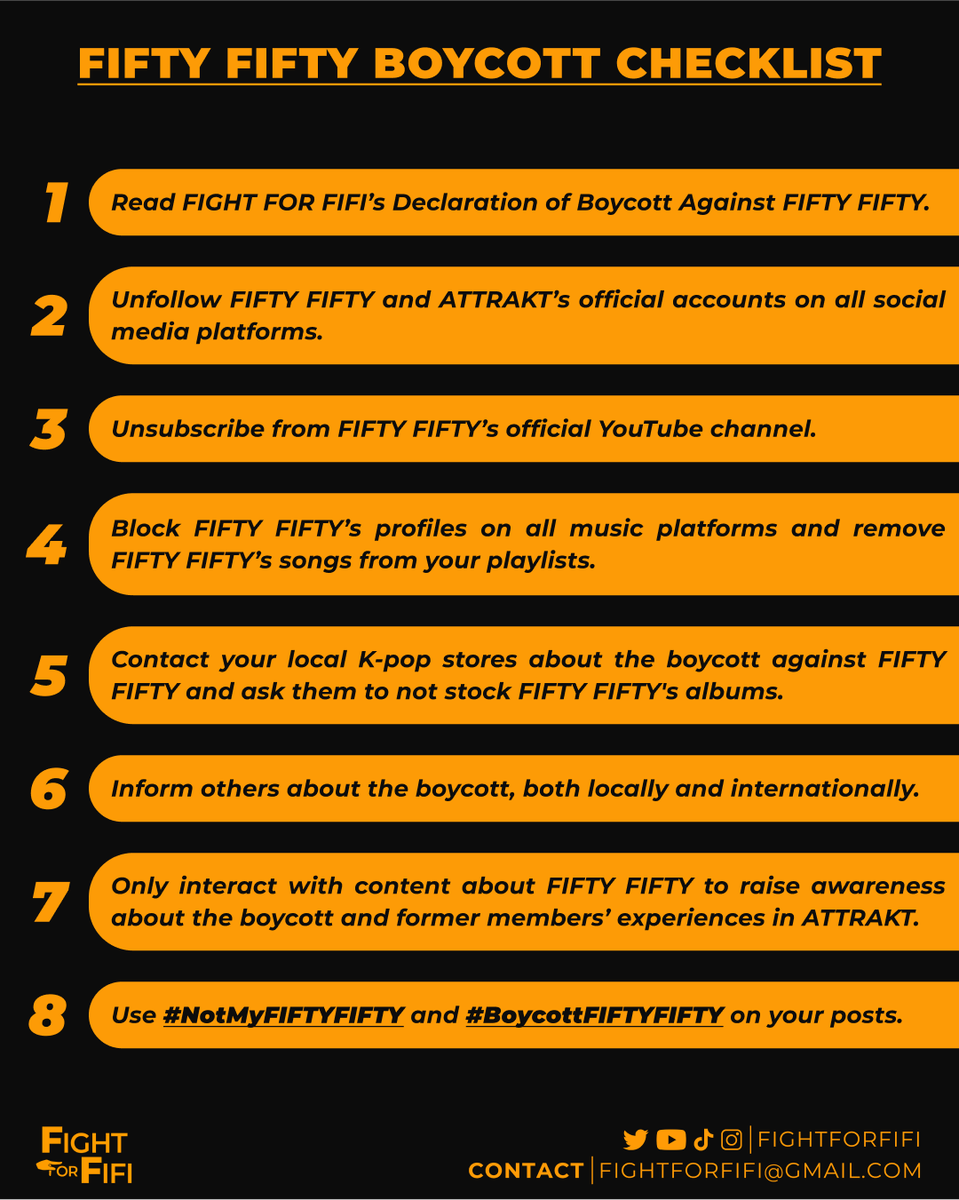 FightForFifi's tweet photo. THERE IS NO “SAFE” WAY TO BOYCOTT FIFTY FIFTY.

Pirating FIFTY FIFTY content promotes and builds a fanbase for the group, which contradicts the goal of the boycott and is therefore strictly prohibited.

Do not spread misinformation that suggests pirating content is an acceptable method of boycotting.

Ignoring FIFTY FIFTY content is the only proper way to boycott. The only exception to this rule is engaging for the purpose of informing others about the boycott and former members’ experiences under ATTRAKT.

#BoycottFIFTYFIFTY #FightForFifi