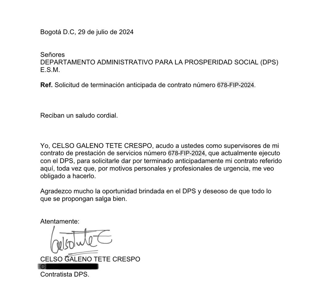 Danielbricen's tweet image. Señor Celso el contrato con Gustavo Bolivar en el DPS SÍ EXISTIÓ. De no ser así usted no hubiera pedido la terminación anticipada tan pronto lo revelé.

No se puede terminar algo que nunca existió. Es elemental. Le dejo la carta firmada por usted mismo con su puño y letra.