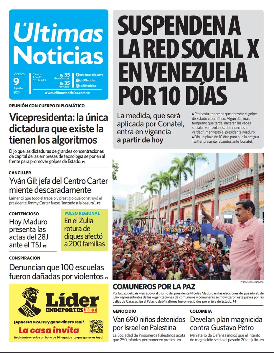 UNoticias's tweet photo. 👋 ¡Buenos días! Presentamos nuestra #PortadaDelDía🗞️  #ÚltimasNoticias #9Agosto

📲 Visita nuestro portal web https://t.co/3cVTFfqsjc https://t.co/WXluHPvoRC