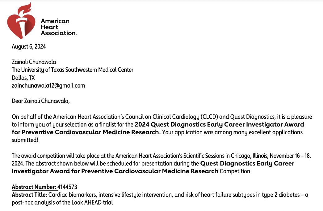 Honored to be selected as a finalist for the Quest Diagnostics Early Career Investigator Award at #AHA2024! Deep gratitude to my mentors, <a href="/ambarish4786/">ambarish</a> and @KershawPatel, for their incredible mentorship and support. Excited to present at @AHAmeetings! 

@UTSWIMCHIEFS @UTSWHeart