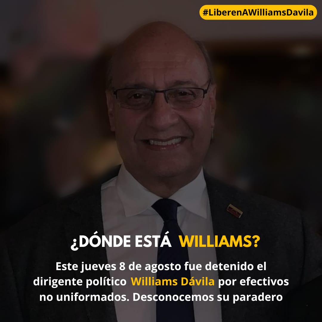 #URGENTE | 🚨 Williams Dávila Barrios, <a href="/ADemocratica/">Acción Democrática</a>, beneficiario de una medida cautelar, operado de un reemplazo valvular en noviembre y tiene dos stents, toma medicamentos que no puede interrumpir es Adulto Mayore. Su vida corre peligro! #DDHH #Venezuela #LiberenAWilliamDavila