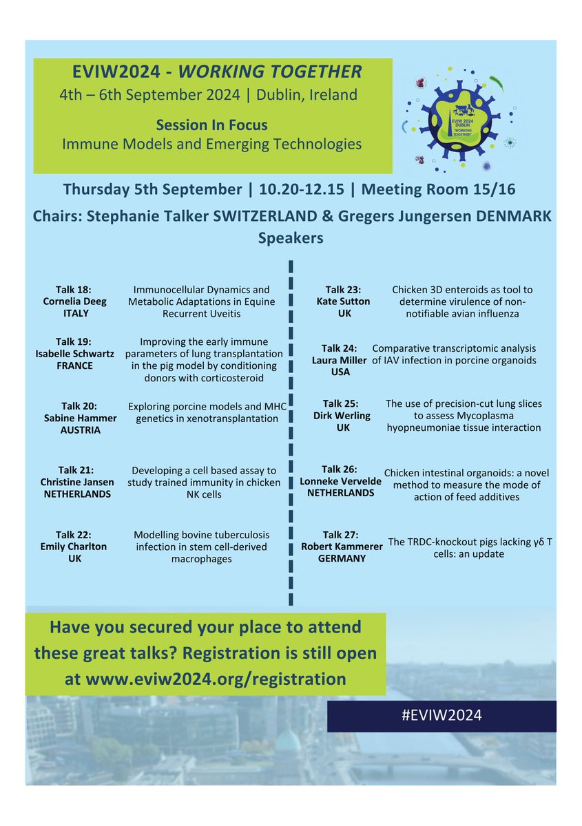 Take a look at our session on Immune Models and Emerging Technologies, scheduled for Thursday 5th September at EVIW 2024!

Register today to take part! #eci2024 #OneHealth #EVIW2024

eviw2024.org/registration/