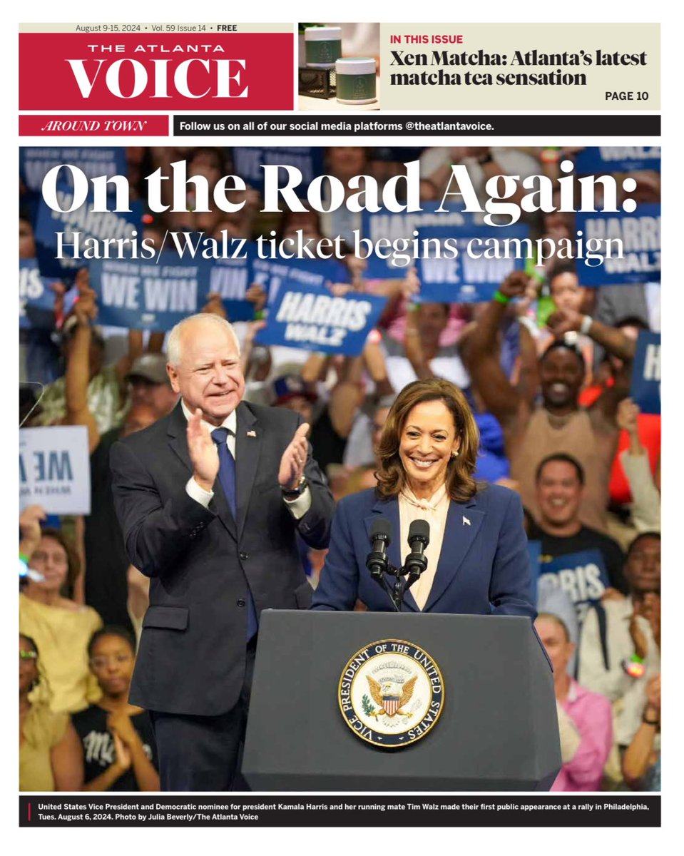 suggswriter's tweet photo. Front page of this week’s @theatlantavoice 
💪🏾📰 @BlackPressUSA #KamalaHarris #TimWalz 
Photos by @JuliaBeverly https://t.co/5Ec39IvxOJ