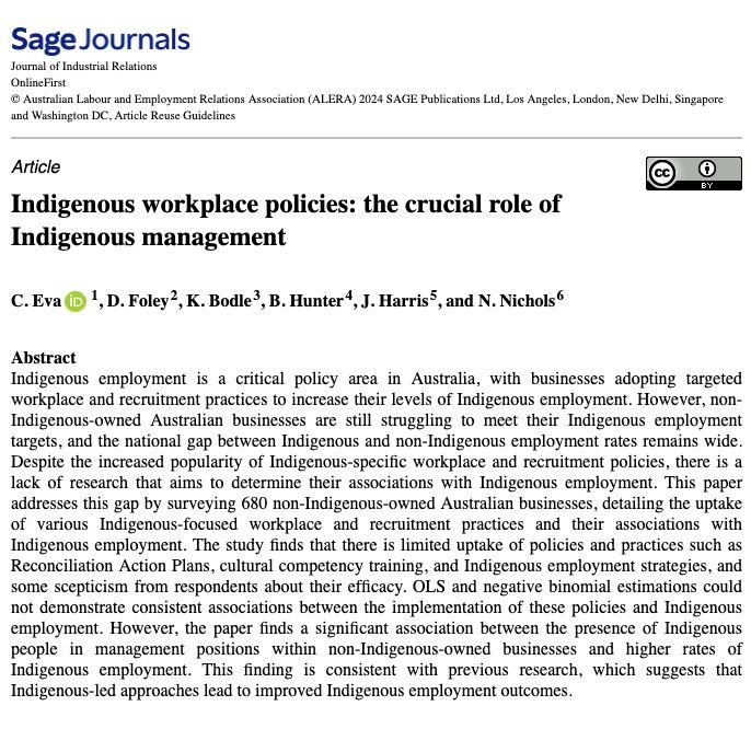 Journal of Industrial Relations (@jirjournal) on Twitter photo ✨ 🎓 New article #JIR #industrialrelations now out!
Indigenous workplace policies: the crucial role of Indigenous management
By C. Eva, D. Foley, K. Bodle, B. Hunter, J. Harris, and N. Nichols
doi.org/10.1177/002218…
<a href="/SageJournals/">Sage Journals</a> ✨ 🎓 New article #JIR #industrialrelations now out!
Indigenous workplace policies: the crucial role of Indigenous management
By C. Eva, D. Foley, K. Bodle, B. Hunter, J. Harris, and N. Nichols
doi.org/10.1177/002218…
<a href="/SageJournals/">Sage Journals</a>