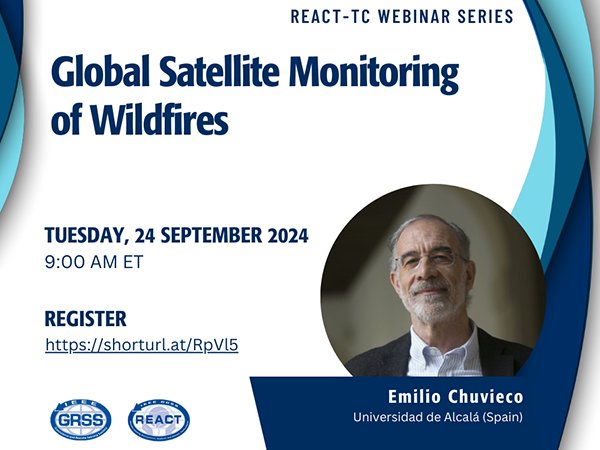 IEEE_GRSS's tweet image. 📢Join us for a webinar on &quot;Global Satellite Monitoring of Wildfires&quot;!
👨‍💼Speaker: Emilio Chuvieco, Universidad de Alcalá (Spain)
📅Date: 24 September 2024
🌍Organized by: REACT TC

#REACTWebinar #WildfireMonitoring #EnvironmentalScience #FireCCI
