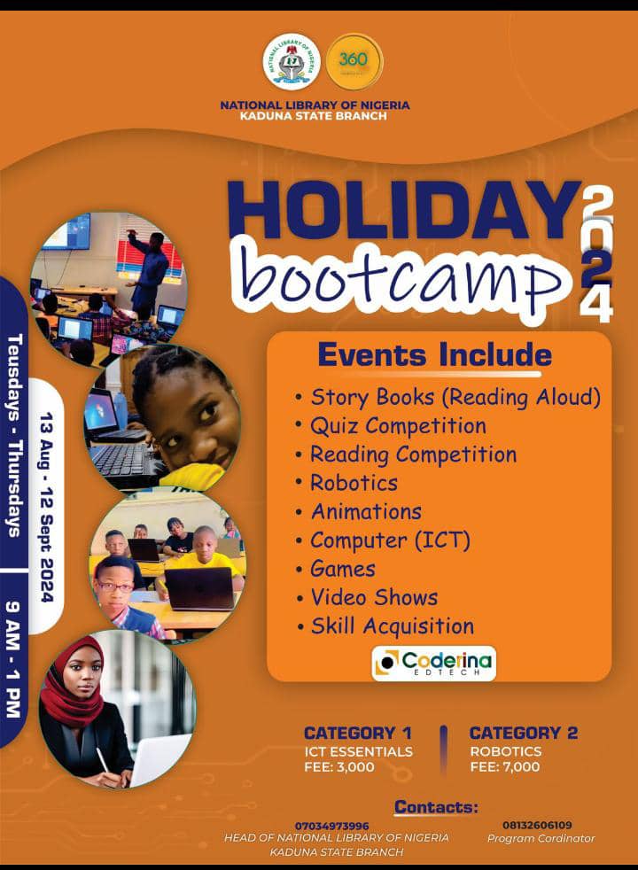 kadLibrarygovng's tweet photo. HURRAY!
2024 CHILDREN HOLIDAY BOOTCAMP IN KADUNA IS HERE
13TH AUG-12SEPT
HURRY UP AND REGISTER FOR YPUR CHILD TO EXPLORE AMAZING OPPORTUNITIES 
PROGRAMS: 
*LITERATURES
*ICT ESSENTIALS (COMPUTING)
*ROBOTICS AND A.I https://t.co/DlDFiDr9w7