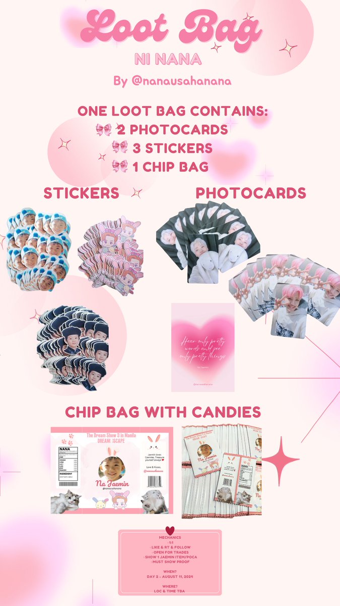 nanausahanana's tweet photo. LOOT BAG NI NANA 💗

Jaemin fan support🐰

⊹loot bag w stickers, photocards, &amp; chip bag
⊹1:1
⊹like &amp; rt &amp; follow
⊹proof
⊹show 1 jaemin item

Aug 11 (d2 bc sc on d1)
loc&amp;time - tba

#THEDREAMSHOW3_in_MANILA
#THEDREAMSHOW3_in_MNL
#NCTDREAM_THEDREAMSHOW3_in_MNL
#TDS3_in_MANILA https://t.co/uvxQL67eZH