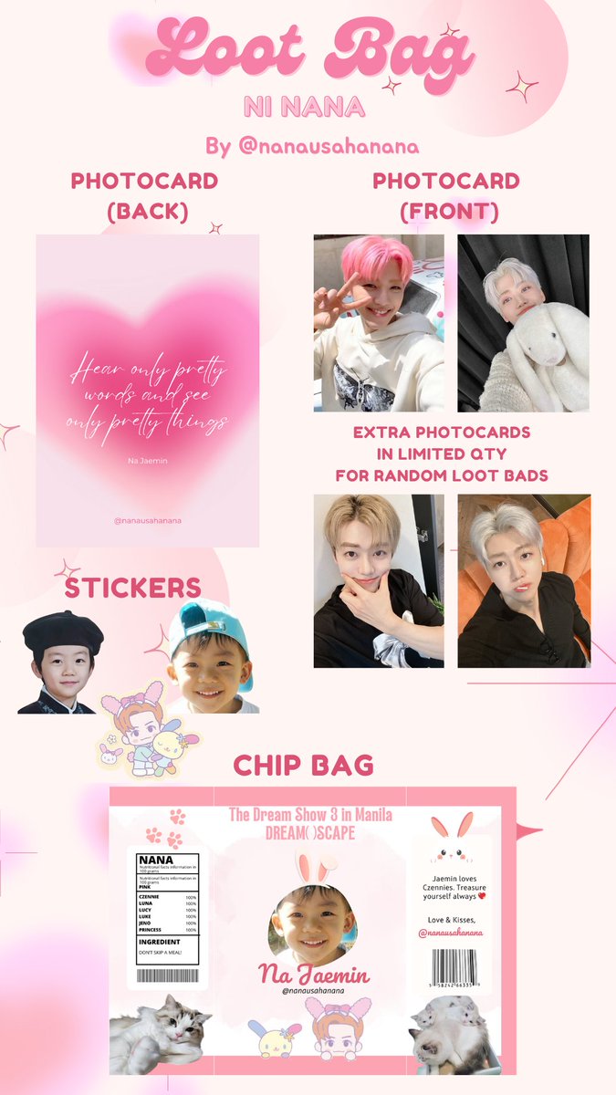 nanausahanana's tweet photo. LOOT BAG NI NANA 💗

Jaemin fan support🐰

⊹loot bag w stickers, photocards, &amp; chip bag
⊹1:1
⊹like &amp; rt &amp; follow
⊹proof
⊹show 1 jaemin item

Aug 11 (d2 bc sc on d1)
loc&amp;time - tba

#THEDREAMSHOW3_in_MANILA
#THEDREAMSHOW3_in_MNL
#NCTDREAM_THEDREAMSHOW3_in_MNL
#TDS3_in_MANILA https://t.co/uvxQL67eZH