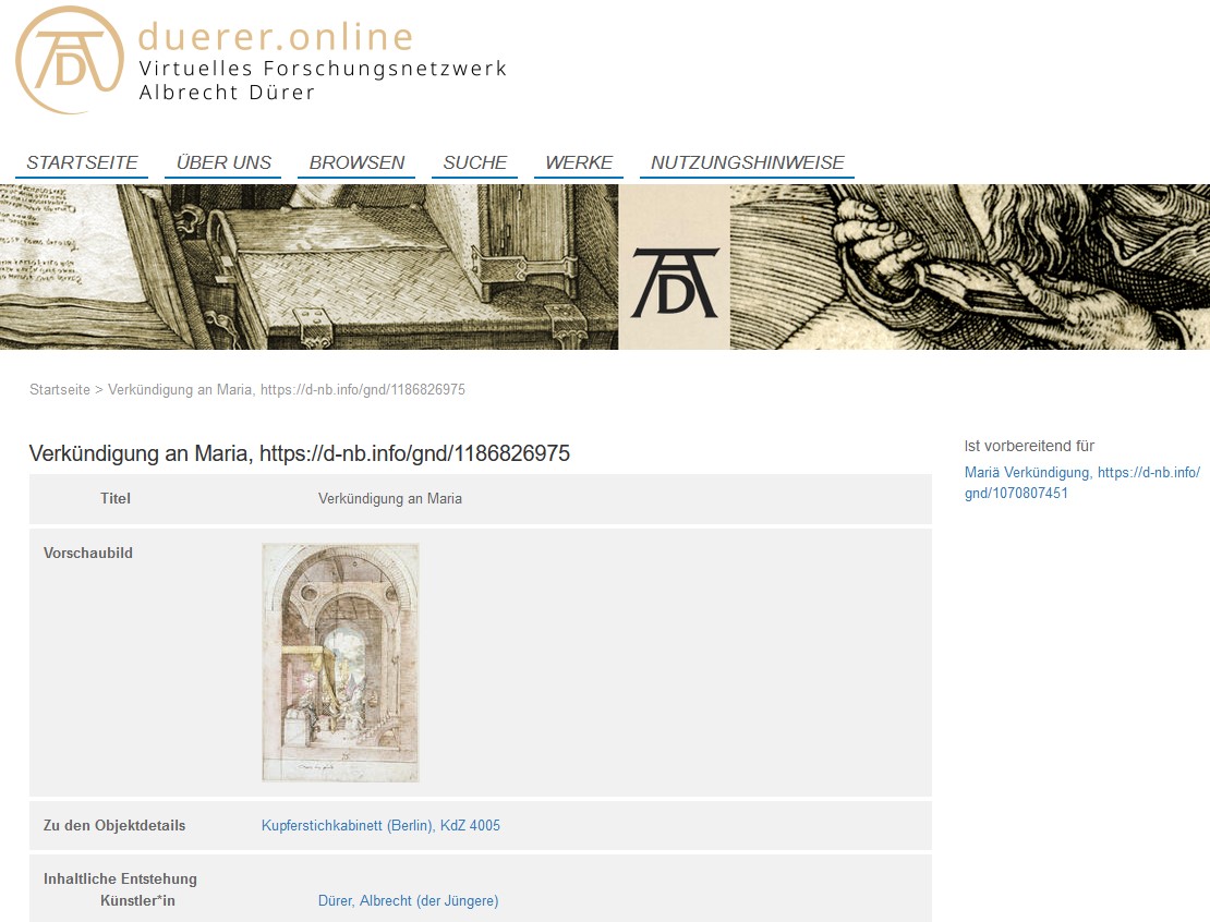 Mit Dürers „Verkündigung an Maria“ aus dem Berliner Kupferstichkabinett (Inv.-Nr. KdZ 4005) ist das 2000. Kunstwerk auf duerer.online! @museen_nbg 
#UBHeidelberg #duereronline #WissKI #AlbrechtDuerer #DFG #Werkverzeichnis 

sempub.ub.uni-heidelberg.de/duerer.online/…