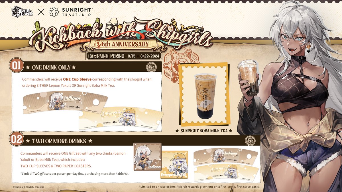 AzurLane_EN's tweet photo. 【Azur Lane x Sunright Tea Studio Collab】

Kickback and refresh with milk tea and Azur Lane merch! Celebrate the 6th anniversary at any @SunrightTea store across the US.

Time: 8/15 - 8/22
More details below~

#AzurLane #Yostar #AzurLane6thAnniv #ALKickback https://t.co/4DSjnTlur0