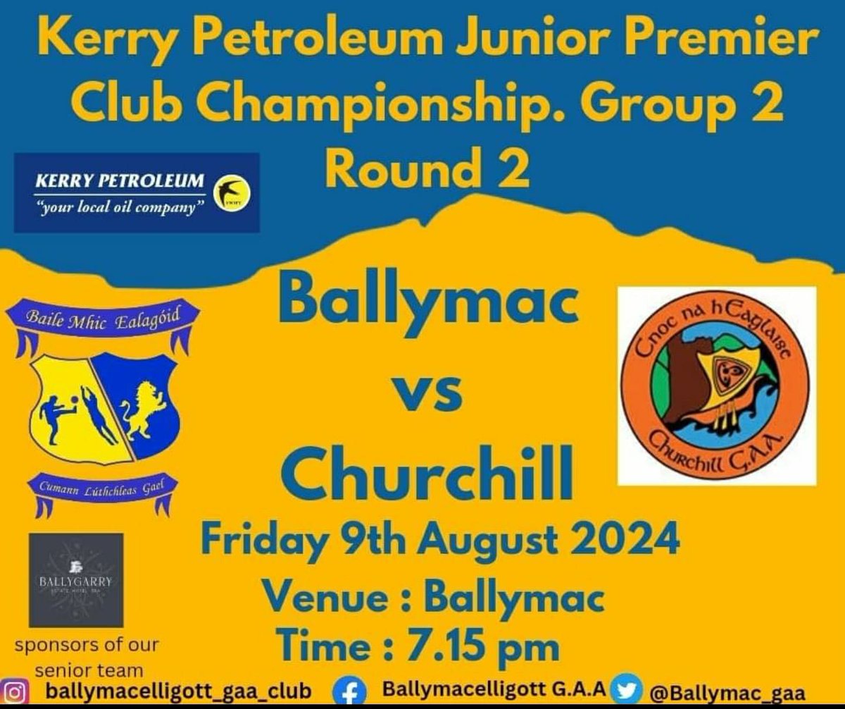 Our Seniors play round 2 of Kerry Petroleum Junior Premier Club Championship tonight at 7.15 pm 
We are playing <a href="/GaaChurchill/">Churchill GAA</a>.
We need a big home crowd full of colour and voice to cheer on the lads and management. 
Please spread the word 💙 💛
Entry paid at gate
<a href="/BGestatehotel/">Ballygarry Estate Hotel & Spa</a>