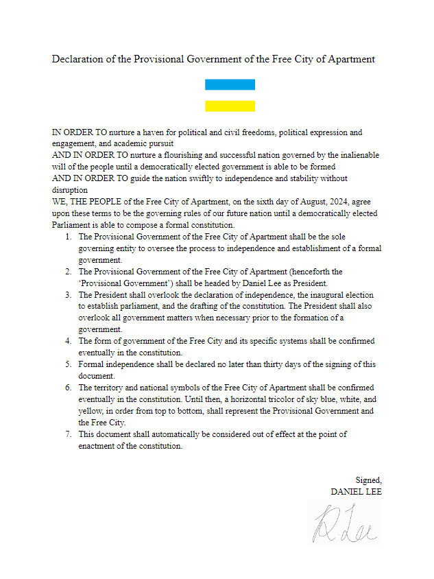 The Provisional Government of the Free City of Apartment was declared on August 6th, 2024, with the intent of promoting the study of micronationalism and culture. We will be formally declaring independence after a preparation process. 
#micronations #초소형국민체 #마이크로네이션