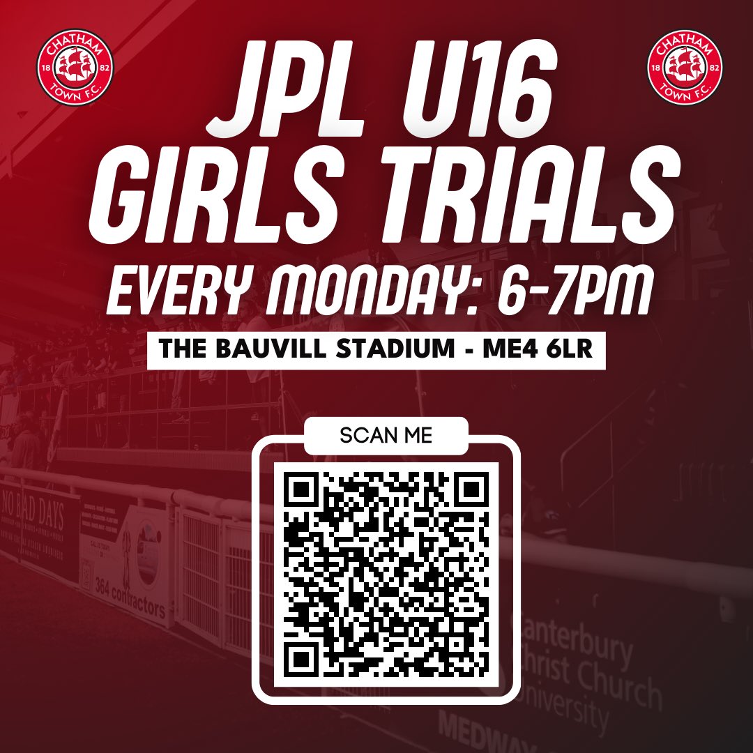 chatham_youth's tweet photo. 𝗝𝗣𝗟 𝗨𝟭𝟲 𝗚𝗜𝗥𝗟𝗦 𝗧𝗥𝗜𝗔𝗟𝗦! ⚽️

Our trials continue on Monday evening from 6-7pm! 🤝

Make sure you complete the form using the link below to sign up. 👇

𝗦𝗜𝗚𝗡 𝗨𝗣 🔗 | https://t.co/YncOJgagEu

🔴⚪️⚫️ #UpTheChats https://t.co/2nlA60EENt