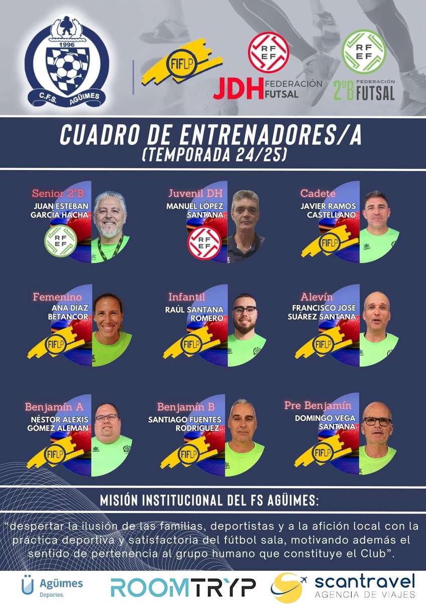 ⚽️NUESTROS TECNICOS 

La plantilla de entrenadores del Scantravel / ROOM Tryp <a href="/AguimesFS/">Agüimes FS</a> 

⚪️🔵
Un pueblo, una ilusión, un futuro saludable