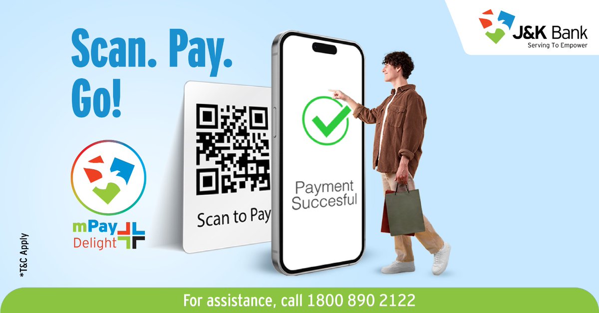 JandKBank's tweet photo. Effortless UPI payments through QR code with J&amp;K Bank mPay Delight +. Download now!
loS: https://t.co/kOhGUKU9oJ
Android: https://t.co/5d5CkTA64S

#JKBank #mPayDelight+ https://t.co/kUvVF0mZy3