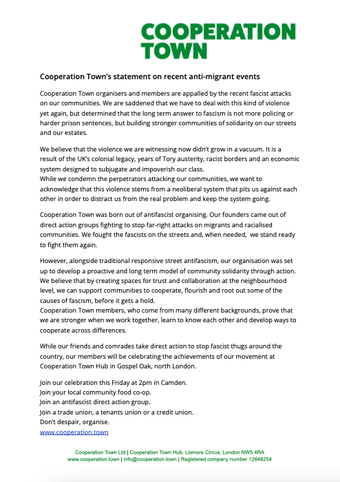 CooperationTown's tweet photo. Cooperation Town started as an antifascist action. 
Read our statement on the recent events on https://t.co/6OW0TLpGcq
Join us today at 2pm in Gospel Oak, Camden.
Join a community food co-op. Join antifascist direct action. Don’t despair, organise.
https://t.co/6UkMJB7iaw https://t.co/4P52eLPOn9