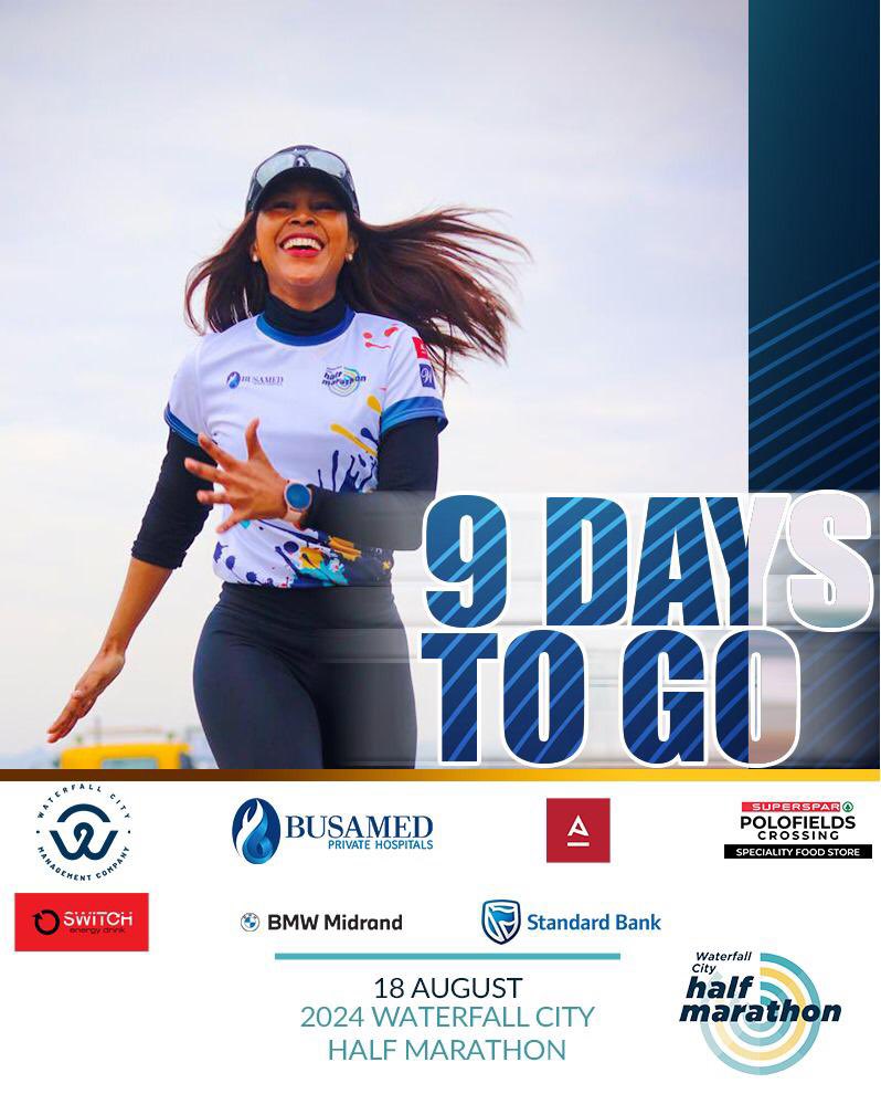 Closer and closer! 9 DAYS TO GO! 

Online entries closing on 12 August hurry up bagolo and enter TODAY!💙🌊😁

waterfallcityac.co.za

#Reakitima 
#BlueWave 
#WCACxBusamed2024 
#AreyengMOA 
#WaterfallCityHalfMarathon