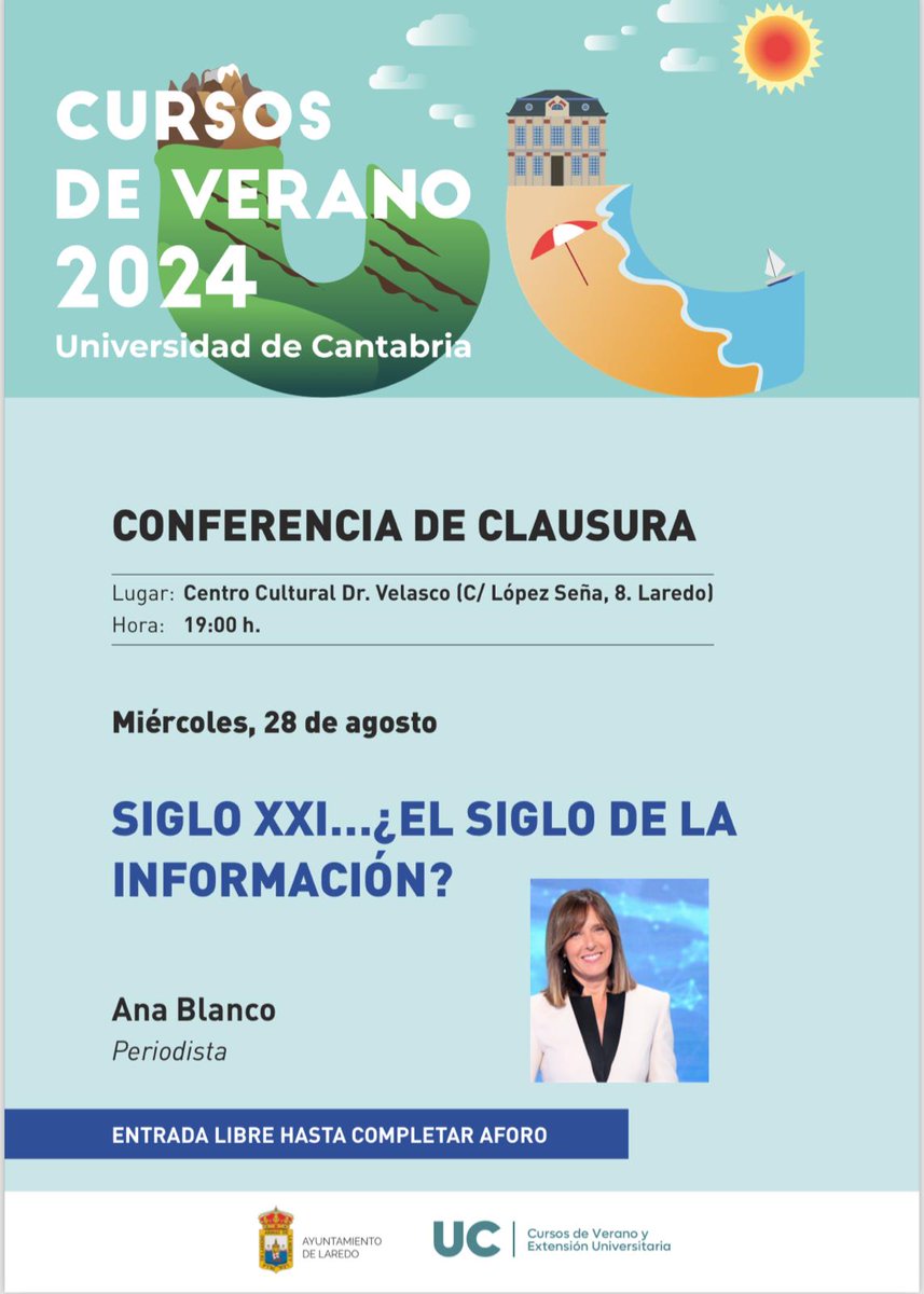 Cursos de Verano - @unican (@cursosveranouc) on Twitter photo 🌞¡Ya tenemos fecha y protagonista para la clausura de <a href="/cursosveranouc/">Cursos de Verano - @unican</a> !
La periodista Ana Blanco será la protagonista de esta clausura el miércoles, 28 de agosto, a las 19.00 horas, en el Centro Cultural Dr. Velasco de Laredo. Apúntalo en el calendario 📅 🌞¡Ya tenemos fecha y protagonista para la clausura de <a href="/cursosveranouc/">Cursos de Verano - @unican</a> !
La periodista Ana Blanco será la protagonista de esta clausura el miércoles, 28 de agosto, a las 19.00 horas, en el Centro Cultural Dr. Velasco de Laredo. Apúntalo en el calendario 📅
