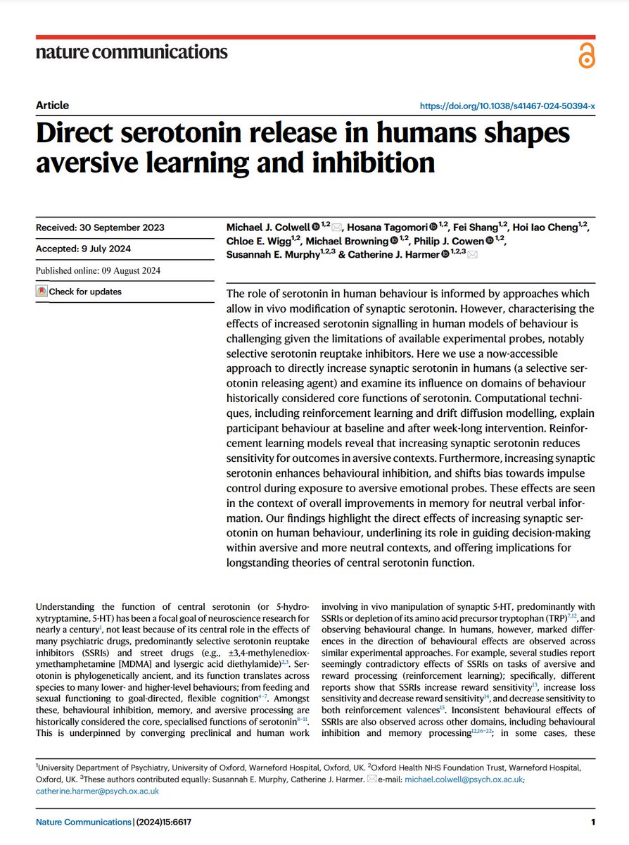 MichaelJColwell's tweet image. New paper in Nature Comms @NatureComms !

If you&apos;re interested in serotonin and its influence on human behaviour, you may enjoy our new paper. We use a now-available method to increase brain serotonin that differs from conventional methods (e.g., SSRIs).

nature.com/articles/s4146…