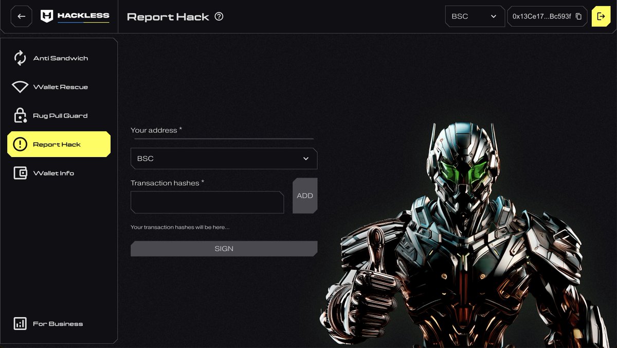 📊 Wallet Info &amp; 🚨 Report Hack by <a href="/hackless_defi/">Hackless</a>: Securely manage your assets and take immediate action against threats! 

🔐✨ Access detailed analytics, revoke approvals, and report hacks directly through the dashboard. Label compromised addresses, notify major CEXs, and