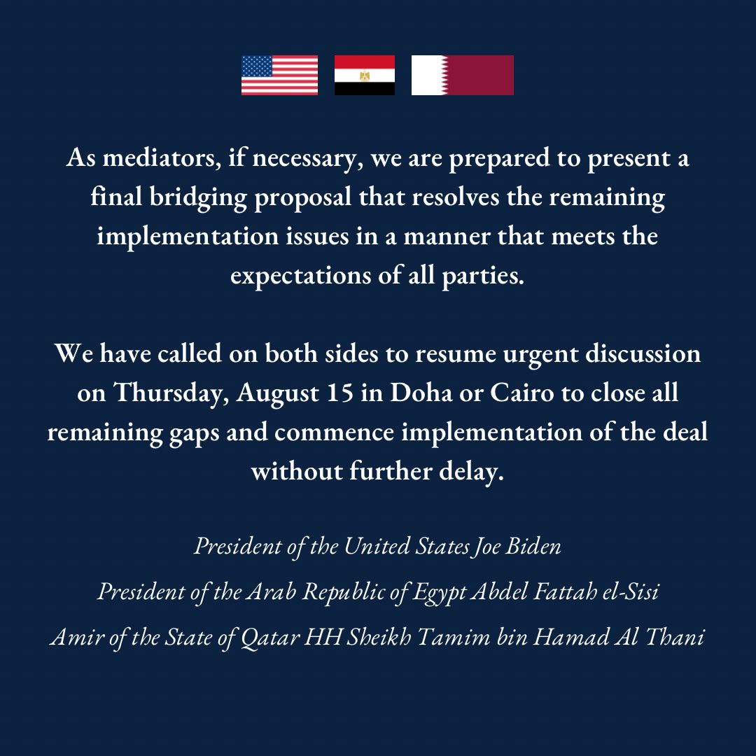 Joint Statement from the Leaders of the United States, Egypt, and Qatar
<a href="/POTUS/">President Donald J. Trump</a> <a href="/AlsisiOfficial/">Abdelfattah Elsisi</a> <a href="/TamimBinHamad/">تميم بن حمد</a>
