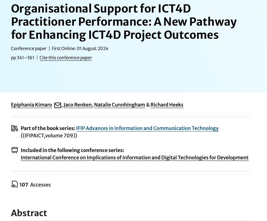 ☀️ I am happy to share that our paper titled "Organisational Support for ICT4D Practitioner Performance: A New Pathway for Enhancing ICT4D Project Outcomes" has been published:
 linkedin.com/embed/feed/upd…

#people #organisations #digitaldevelopment #ICT4DProjects