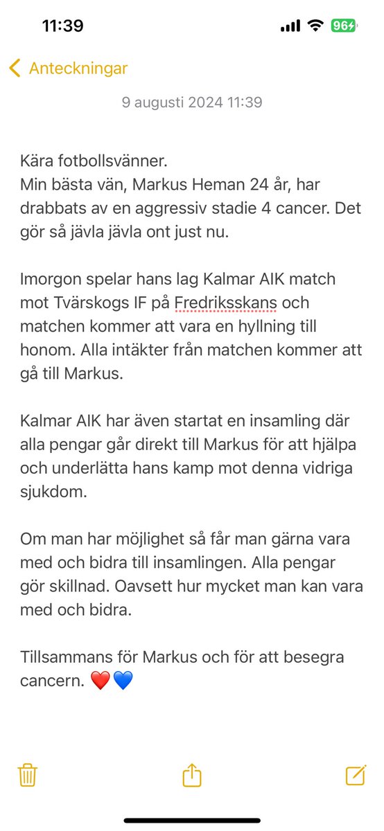 aannakungen's tweet photo. Kära fotbollsvänner. Hoppas att ni kan ta 1 minut till att läsa min text om min vän som kämpar för livet just nu. ❤️ 123 497 4507 #fuckcancer https://t.co/mhHNEv4HUk