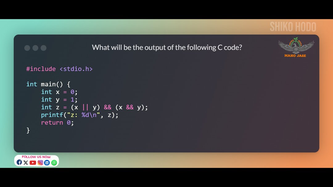 mahojase's tweet image. Can you crack the logic of this C code? Test your understanding of logical operators!
.
.
.
#CProgramming #LogicalOperators #CodeChallenge #ProgrammingSkills #TechTrivia