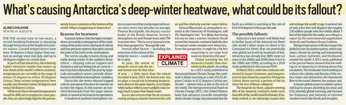 imRavikantYadav's tweet photo. "What's causing Antarctica's Deep-Water Heatwave, what could be its fallout?"
:Explained by Sh Alind Chauhan
@alindchauhan
#Antarctica #DeepWinter #heatwave #Temperature 📈
#PolarVortex #SeaIce ⬇️
#SouthernHemisphereVortex
#GlobalWarming
#Disaster 📈
#climate
#UPSC
Source:IE https://t.co/CLWdEr0lQU