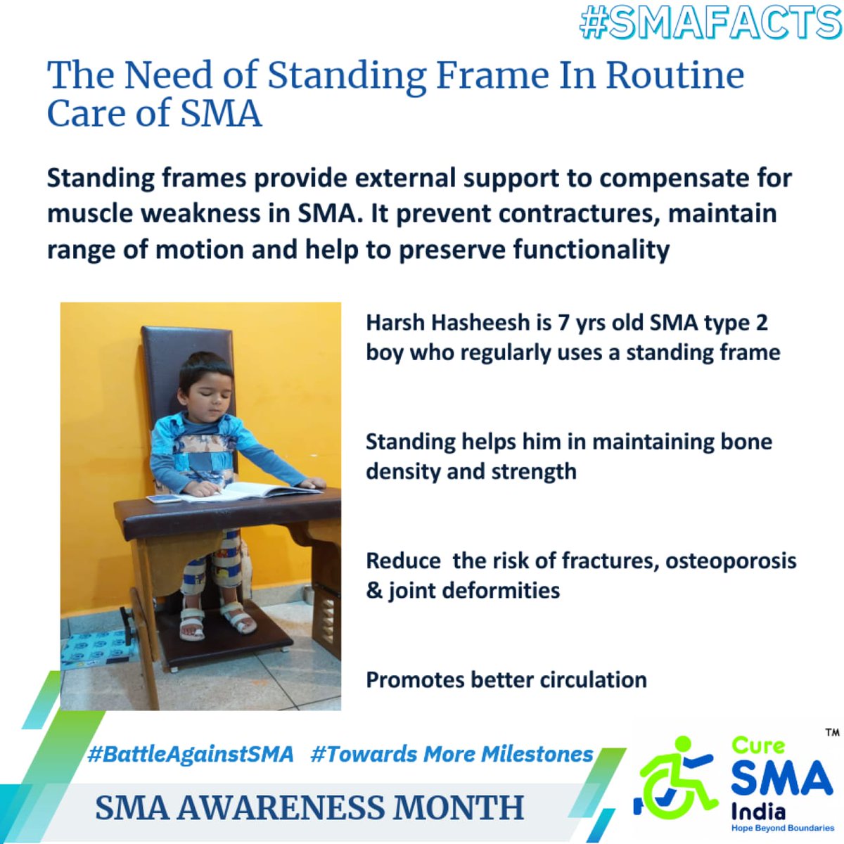 #SMAawarenessMonth 
Day 9: Meet Harsh, a 7-yr-old #SMArtwarrior ! Standing frames are crucial in #SMAcare, preventing contractures, maintaining range of motion, promoting bone density &amp; strength, and improving circulation. Let's prioritize standing frames in #SMA management!