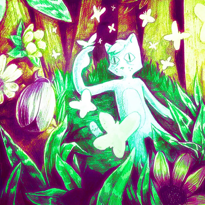 A detailed pencil drawing of a ghostly-looking cat in a forest, surrounded by butterflies, grass, trees, and flowers.