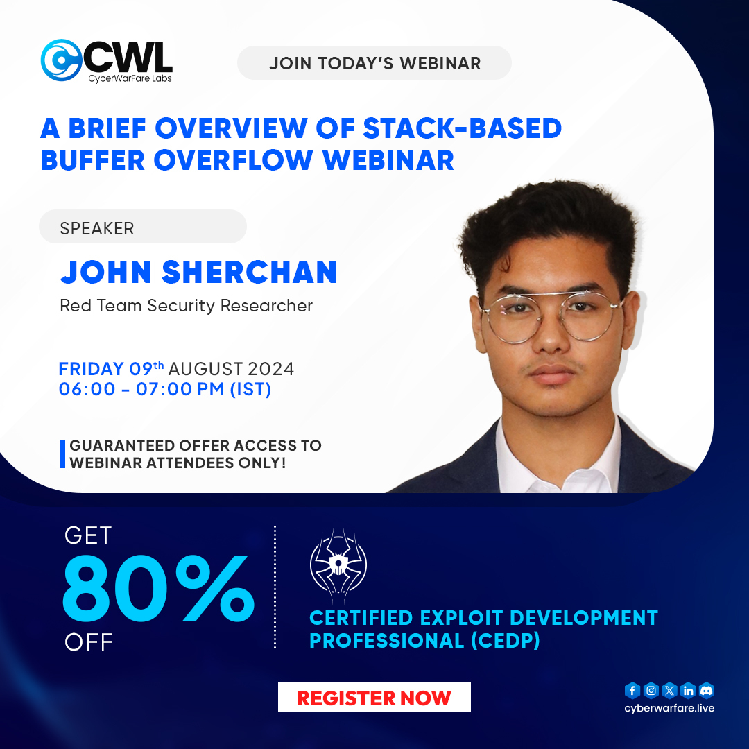 cyberwarfarelab's tweet photo. ⏰ Few hours left! Join today’s webinar on "A Brief Overview of Stack-Based Buffer Overflow" and get 80% OFF on the Certified Exploit Development Professional (CEDP) course!
👉🏻 Register Now: https://t.co/bGFWG0Ipfr
#CyberSecurity #CEDP #Webinar #HugeDiscount https://t.co/wo6g8yibKt