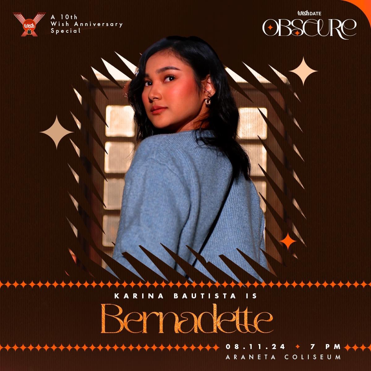 riseartistsph's tweet photo. #KarinaBautista is BERNADETTE in “Wish Date: Obscure”! ♥️

The event takes place on August 11, 2024, 7 p.m., at the Araneta Coliseum. https://t.co/jjV6SwDxZh