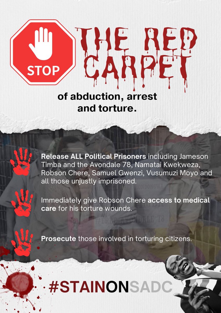 RETWEET

The Red Carpet of Blood

As the SADC summit approaches and Emmerson Mnangagwa rolls out the Red Carpet of Blood and terror, it is important for Africans to be aware that there are over 100 Zimbabwean political prisoners held in connection with this summit, starting from