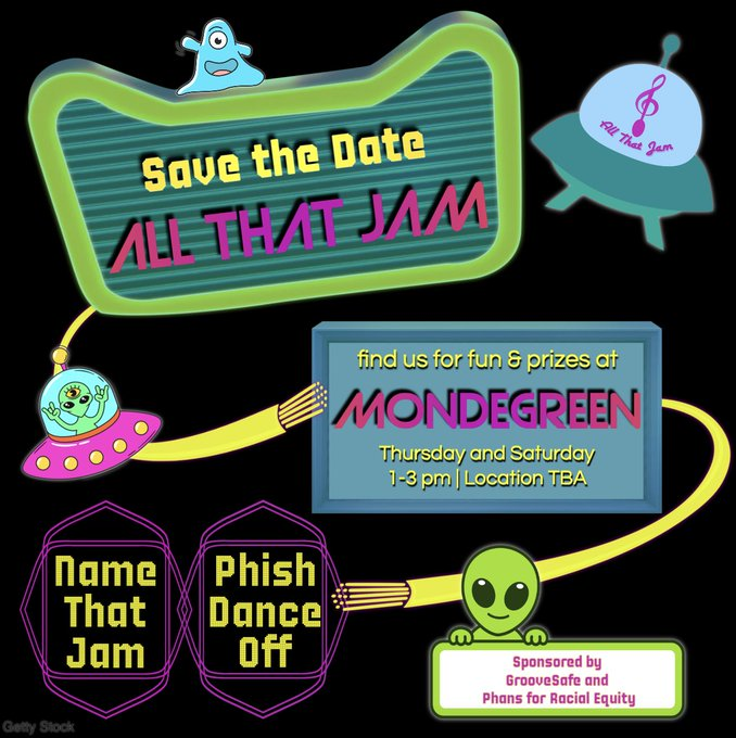 allthatjampod's tweet photo. 🎉 Join us at #Phish #Mondegreen for 2 fun events! 🎉

🎵 08/15 from 1 to 3 - Name That Jam
💃 08/17 from 1 to 3 - Phish Dance Off

👋 Stop by, say hi, we'd love to meet you IRL! https://t.co/QdNPKE4Qpc