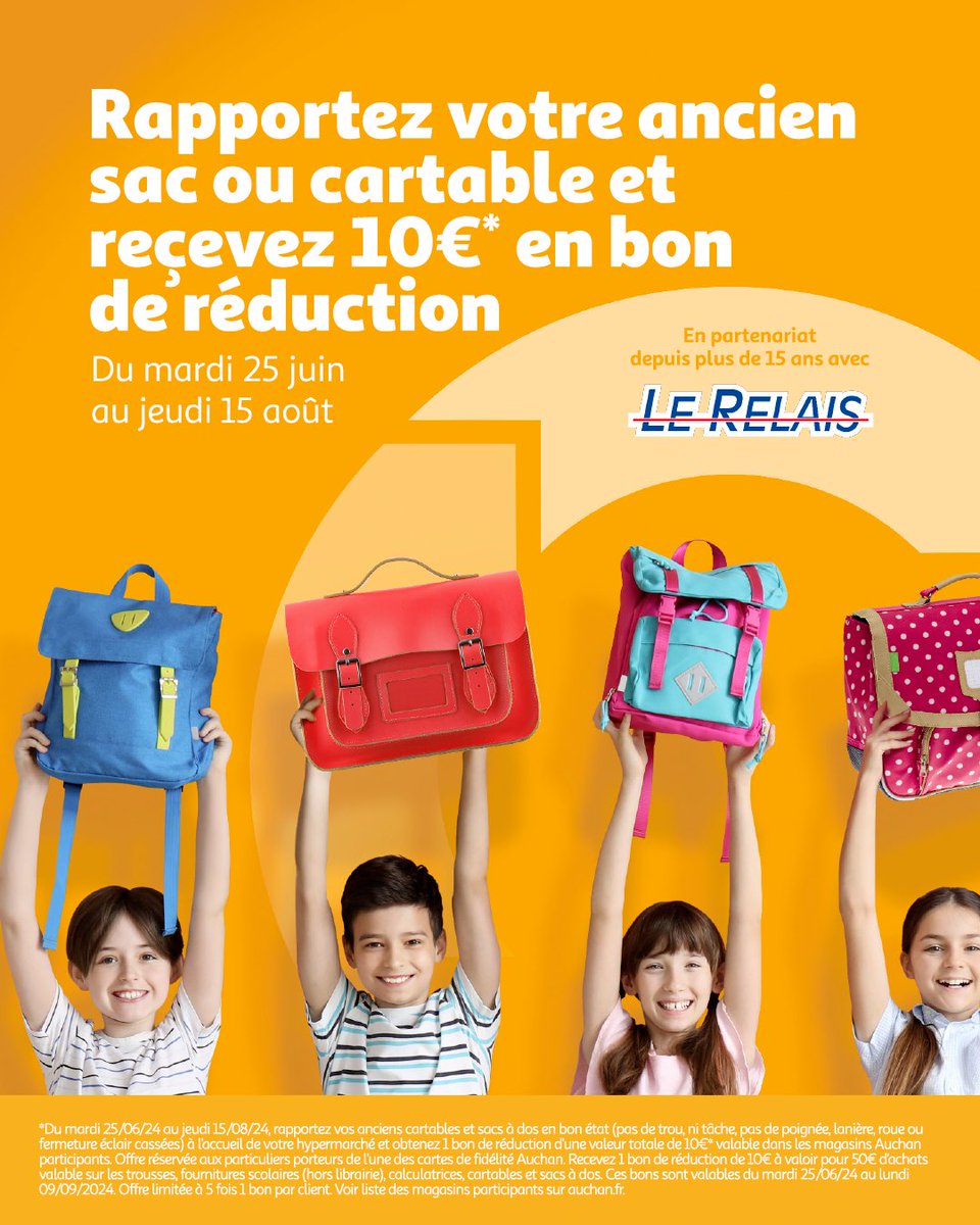 Grâce à un partenariat de plus de 15 ans avec #LeRelais, on vous offre 10€ en bon de réduction pour chaque cartable rapporté. 

Profitez de cette opportunité en magasin pour préparer la rentrée et faire des économies ! 👦

#Auchan #RentréeDesClasses

bit.ly/3WrXvdg