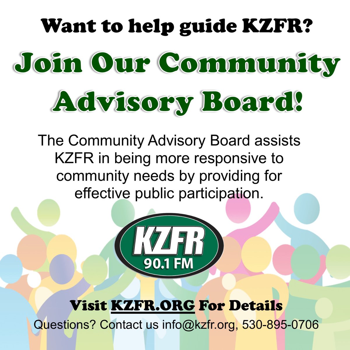 We Want YOU to join the CAB! Our Community Advisory Board helps guide the station and assists us in being more responsive to community needs. Details &amp; Application at: kzfr.org/pages/cab Everyone is encouraged to apply.
