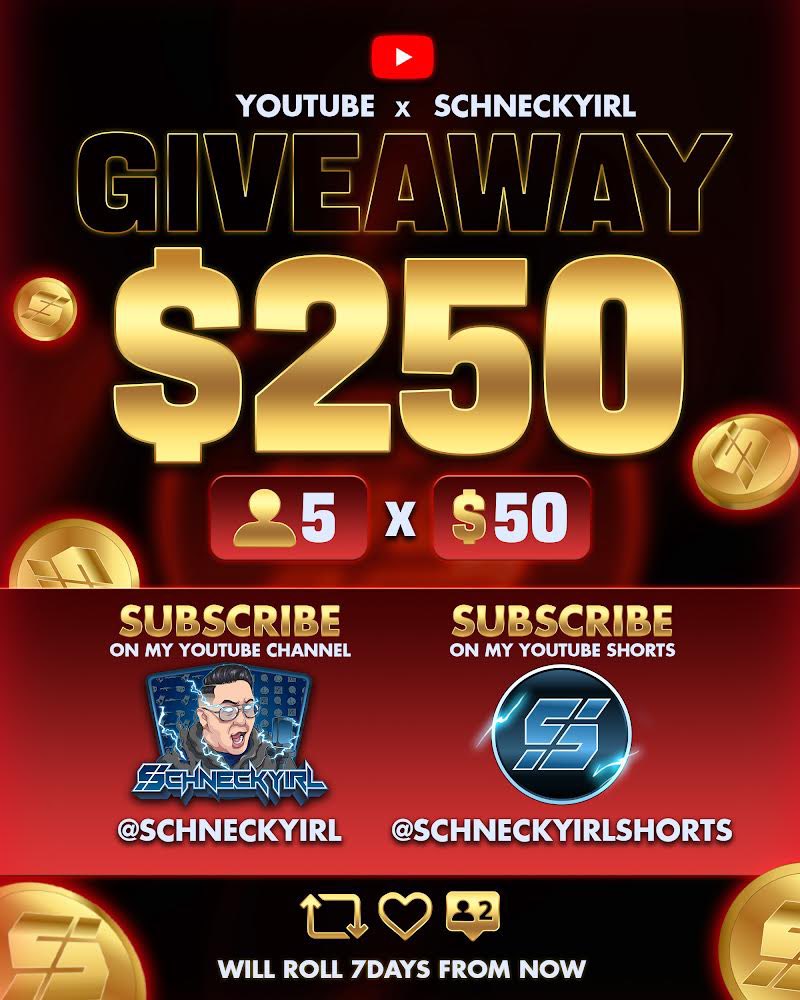 🚨MASSIVE EASY GIVEAWAY - $250 (5x Winners)🚨

✅Like/RT + Tag 2 Friends
✅Subscribe to both YouTube channels

👇👇
👉 youtube.com/@SchneckyIRLSh…
👉 youtube.com/@SchneckyIRL

🥳WINNERS ROLLED IN 7 DAYS 🥳